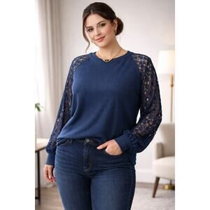 MIHOLL Blue Textured Lace Sleeve Top XL Elegant Stretch Blouse
Sale !!!!!